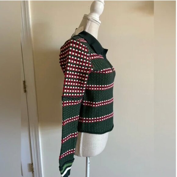 Free People NWT sweater polo green red holiday pattern top size M - Picture 2 of 7